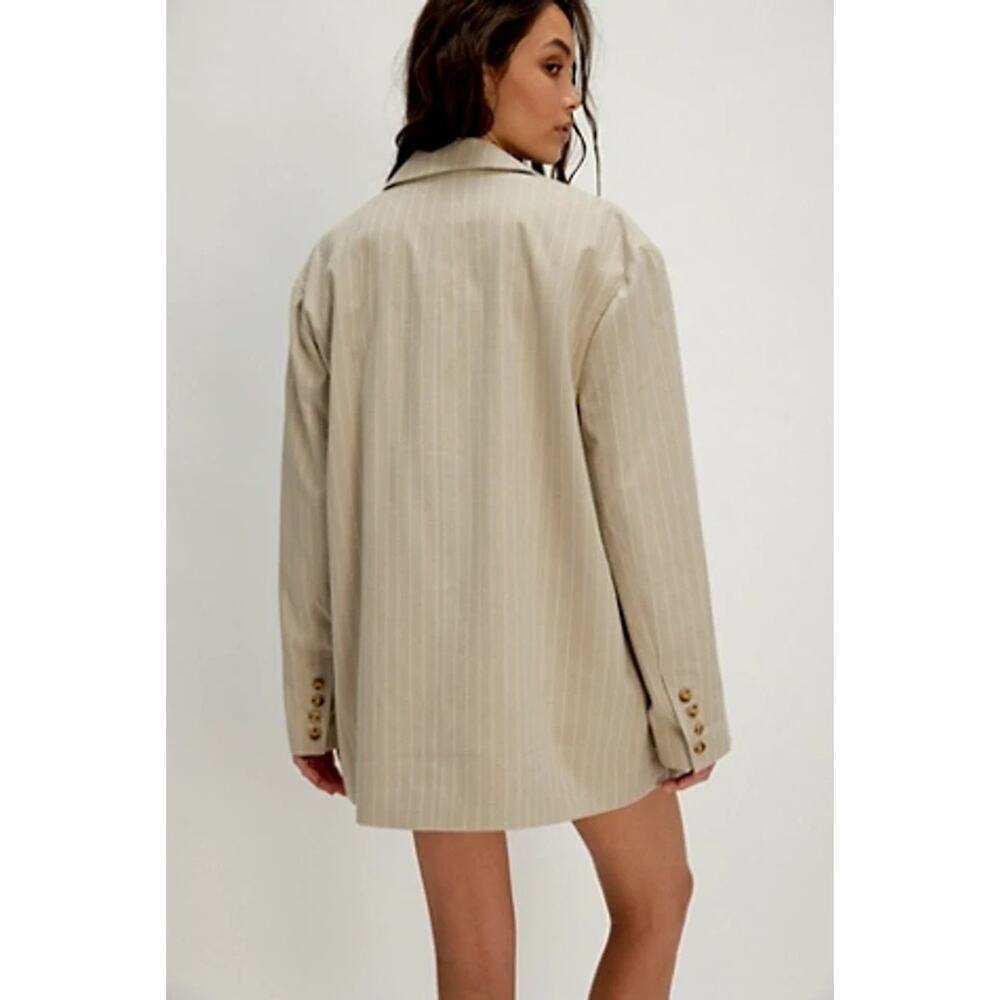 Free People Oversized Layering Menswear Reggie Blazer Khaki Stripe Medium Preppy - Picture 3 of 12